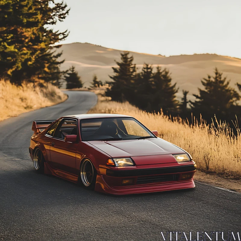 Retro Red Car on Forest Road during Sunset AI Image