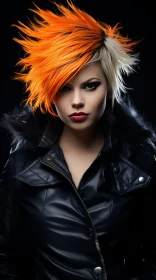 Bold and Vibrant Woman with Black Leather Jacket and Orange Hair