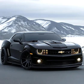 Powerful Black Muscle Car in Winter Landscape