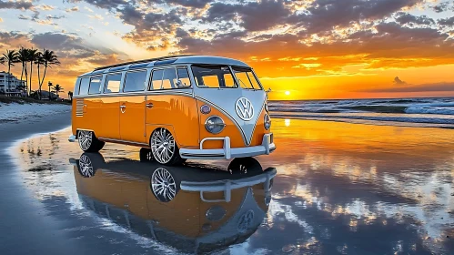 Classic Van Reflecting Sunset Elegance on Beach