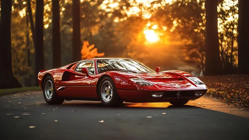 Vintage Red Car in Golden Forest Light