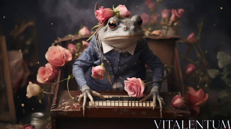Frog Playing Piano Surrounded by Roses in Surrealistic Style AI Image