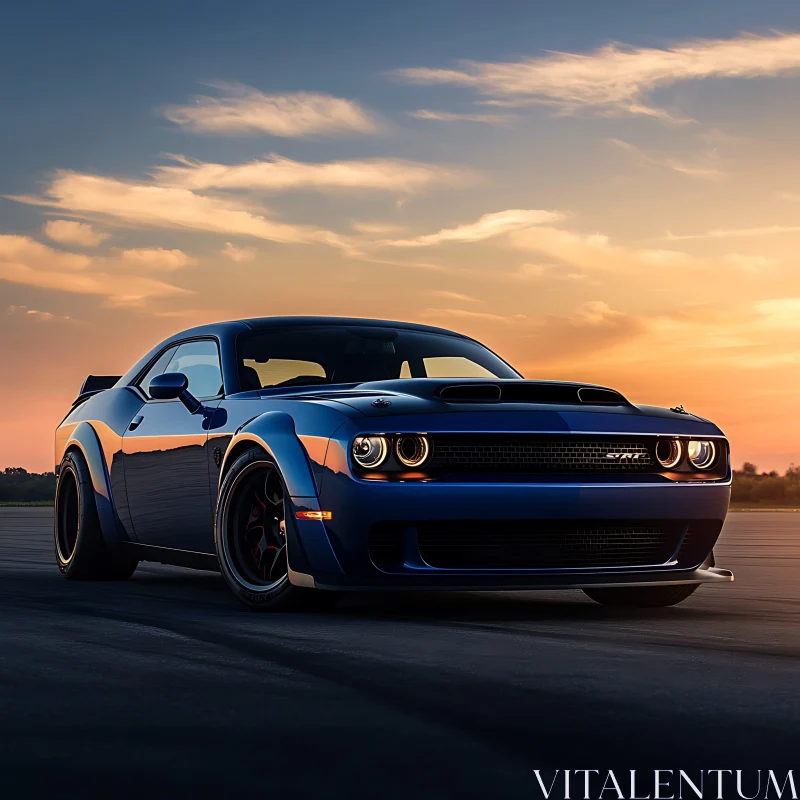 Blue Muscle Car Against Sunset Sky AI Image