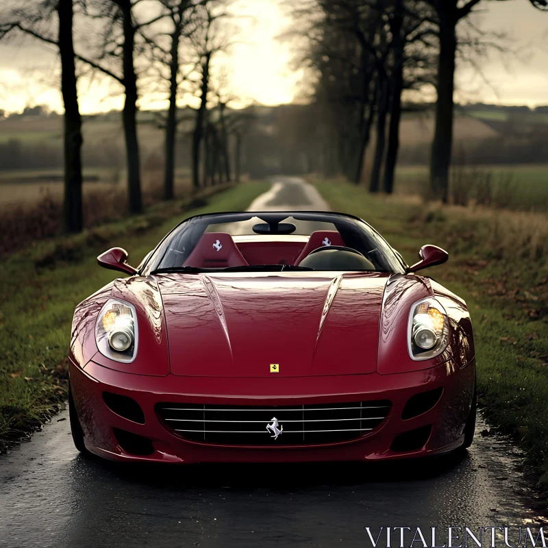 Red Convertible Sports Car on Tree-Lined Road AI Image