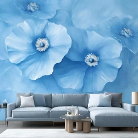 Elegant Blue Flower Mural in Contemporary Living Room