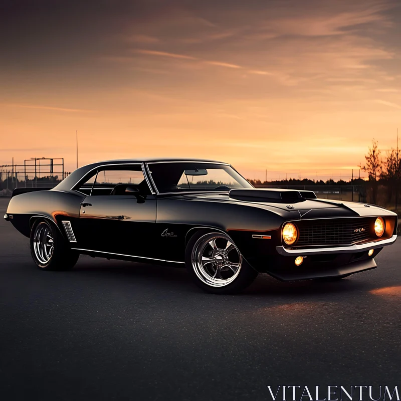 Classic Black Muscle Car in Evening Light AI Image