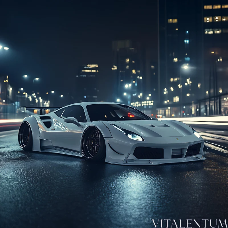 Luxury Sports Car in Urban Night Setting AI Image