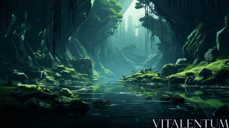 Fantasy Wallpaper: Cave River in Emerald Jungle AI Image