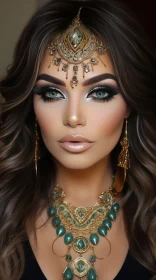 Golden and Traditional Jewellery Model with Light Turquoise and Dark Gray Makeup