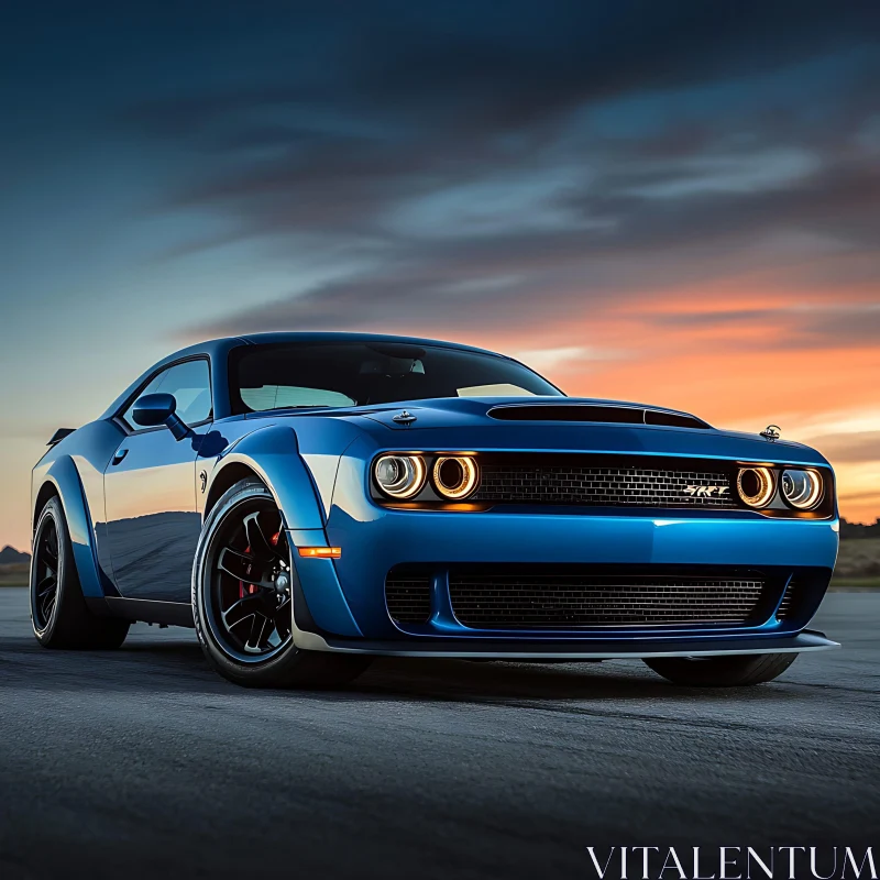 Stylish Blue Muscle Car in Sunset Glow AI Image