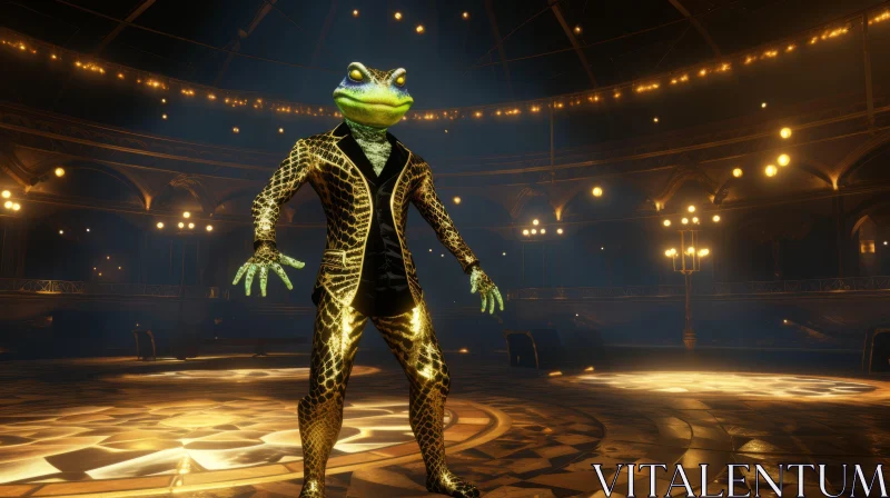 Golden-lit Frog in Masquerade Attire: A Spacepunk Performance AI Image