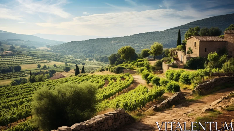 Valley and Vineyards: A Serene French Countryside Landscape AI Image