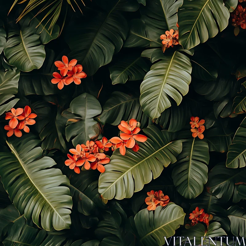 Tropical Orange Flowers and Green Leaves AI Image