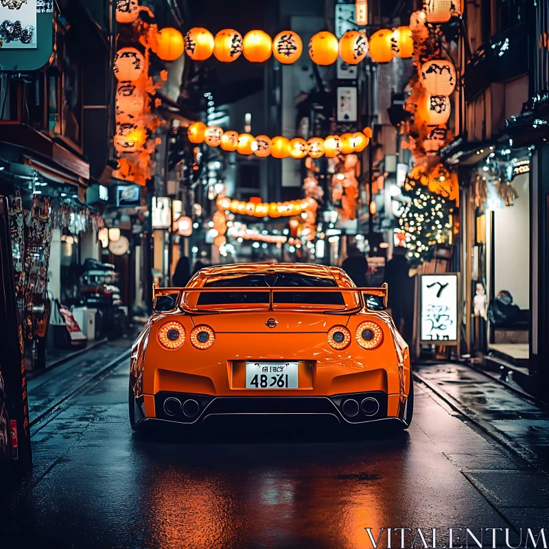 Urban Night Scene with Sports Car and Lanterns AI Image