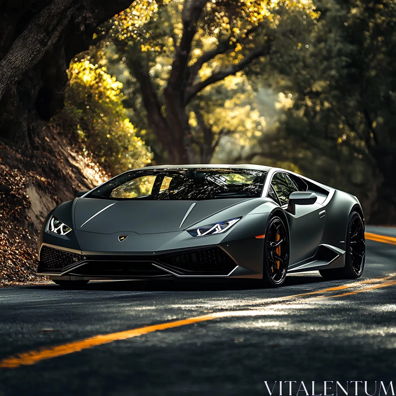 Sleek Black Sports Car on Winding Forest Road AI Image