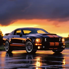 Black Muscle Car with Orange Stripes at Dusk