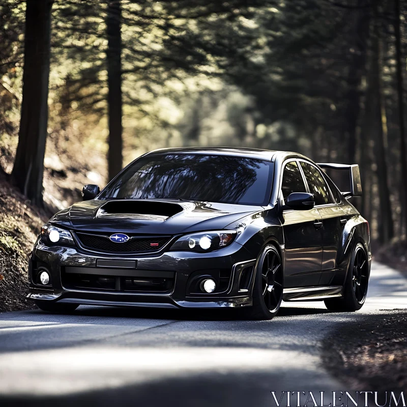 Sleek Black Car in Forest setting AI Image