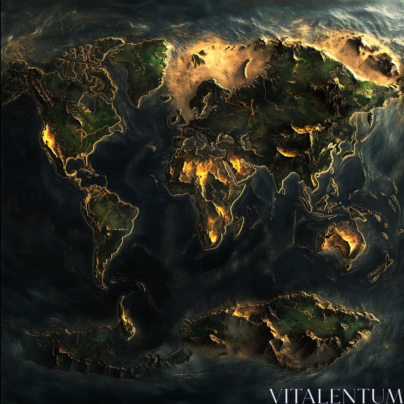 Golden Illuminated World Map with Abstract Design AI Image