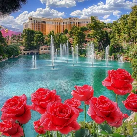 Vibrant Red Roses and Tranquil Lake with Fountains