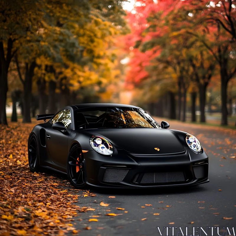 Exotic Black Sports Car on Autumn Parkway AI Image