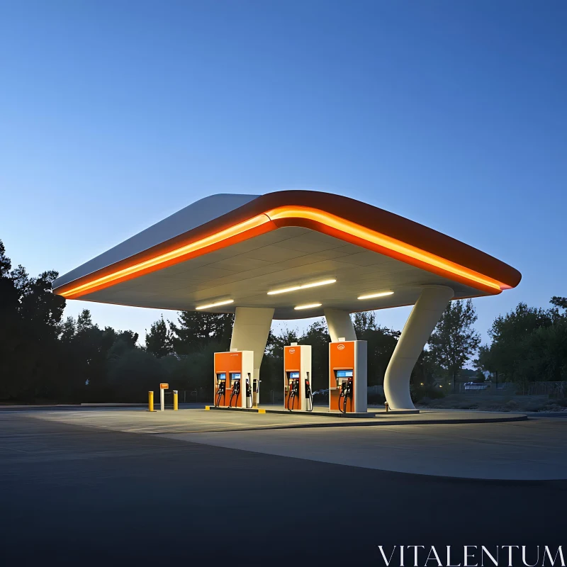 Stylish Gas Station at Night AI Image