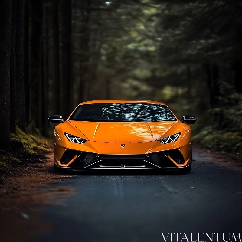 Luxury Orange Sports Car in the Forest AI Image