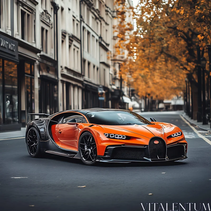 Luxury Orange Supercar in Fall Cityscape AI Image