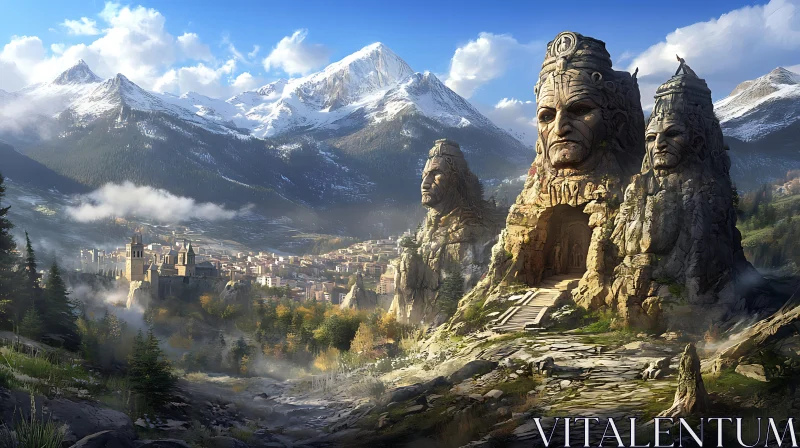 Mystical Mountains with Ancient Face Sculptures AI Image