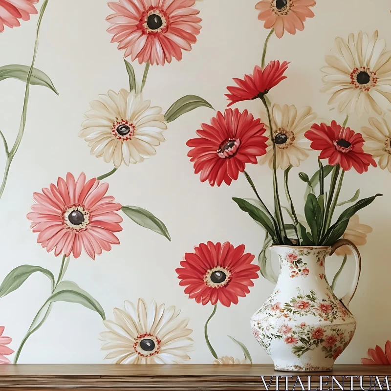 AI ART Charming Floral Décor with Vintage Vase and Painted Daisies