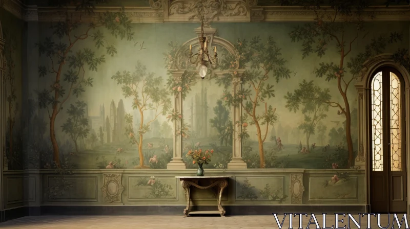 Pastoral Nostalgia: Neoclassical Room with Ornate Wall Mural AI Image