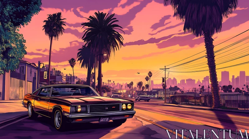 Vintage Muscle Car in Sunset Cityscape AI Image