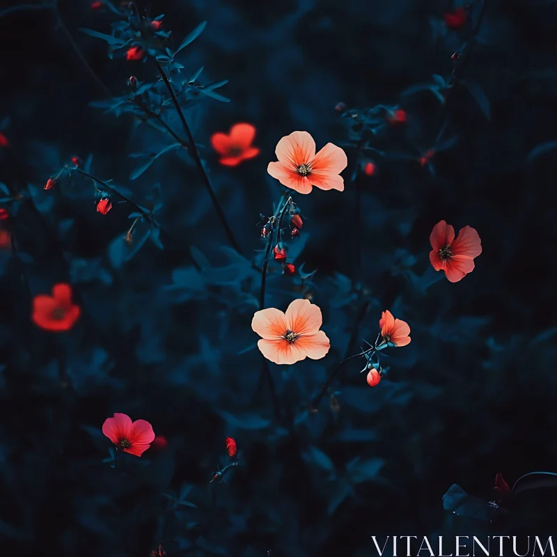 Night Garden with Vibrant Red Flowers AI Image