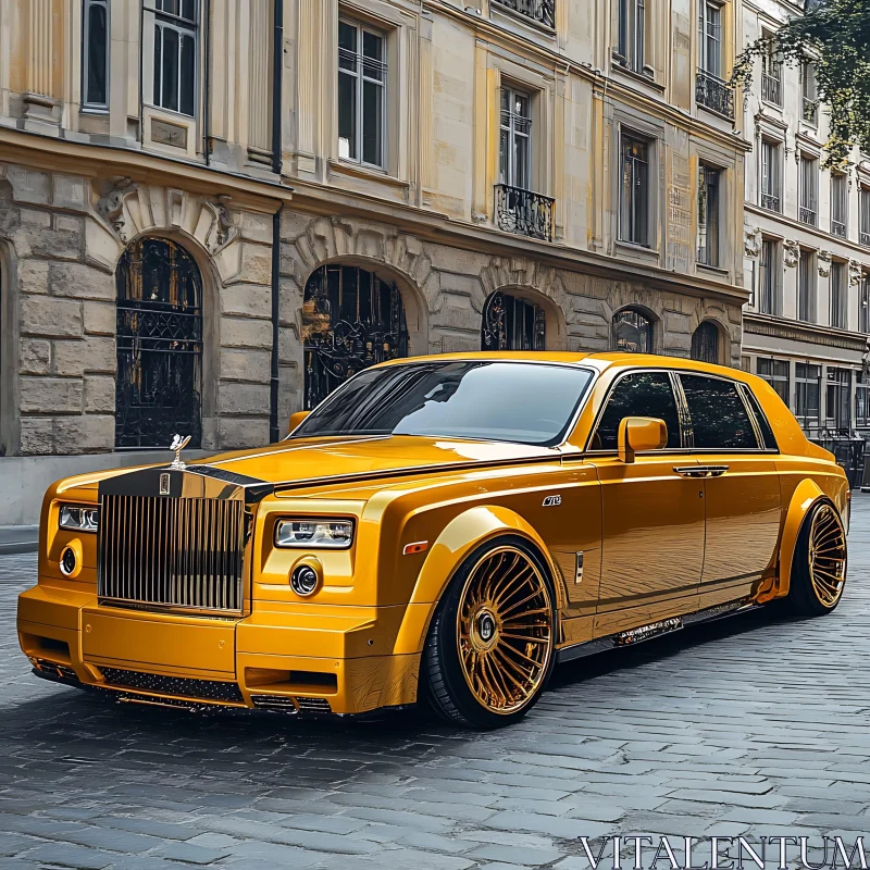 Gold Luxury Car in Historic Urban Setting AI Image