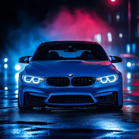 Sleek Blue Automobile at Night with Bright Headlights