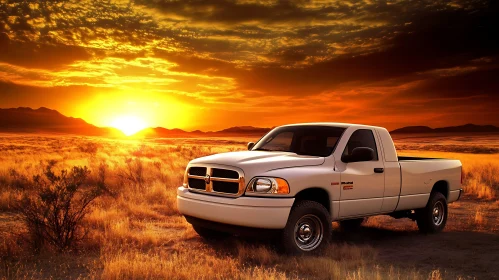 Sunset Over Field with Pickup Truck