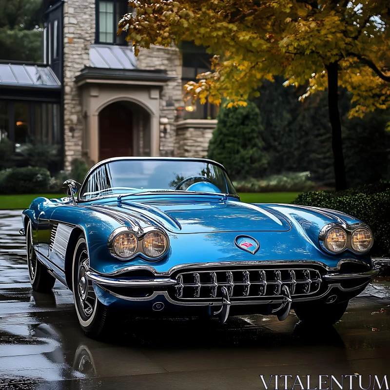 Classic Blue Convertible in Front of Elegant House AI Image