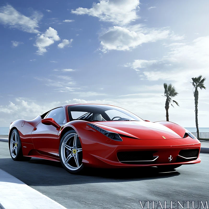 Luxury Red Supercar on Beachside AI Image