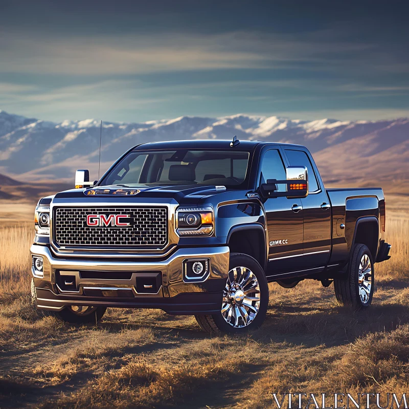 Sleek GMC Pickup Truck in Scenic Mountain Landscape AI Image