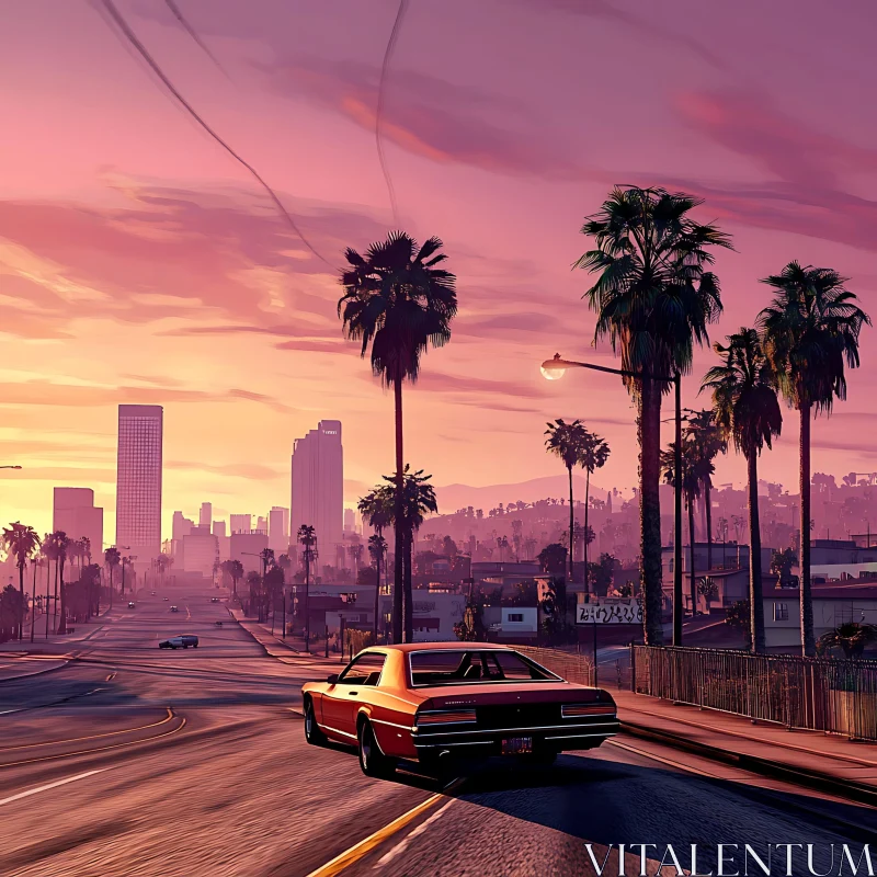 Classic Car in Sunset Cityscape AI Image