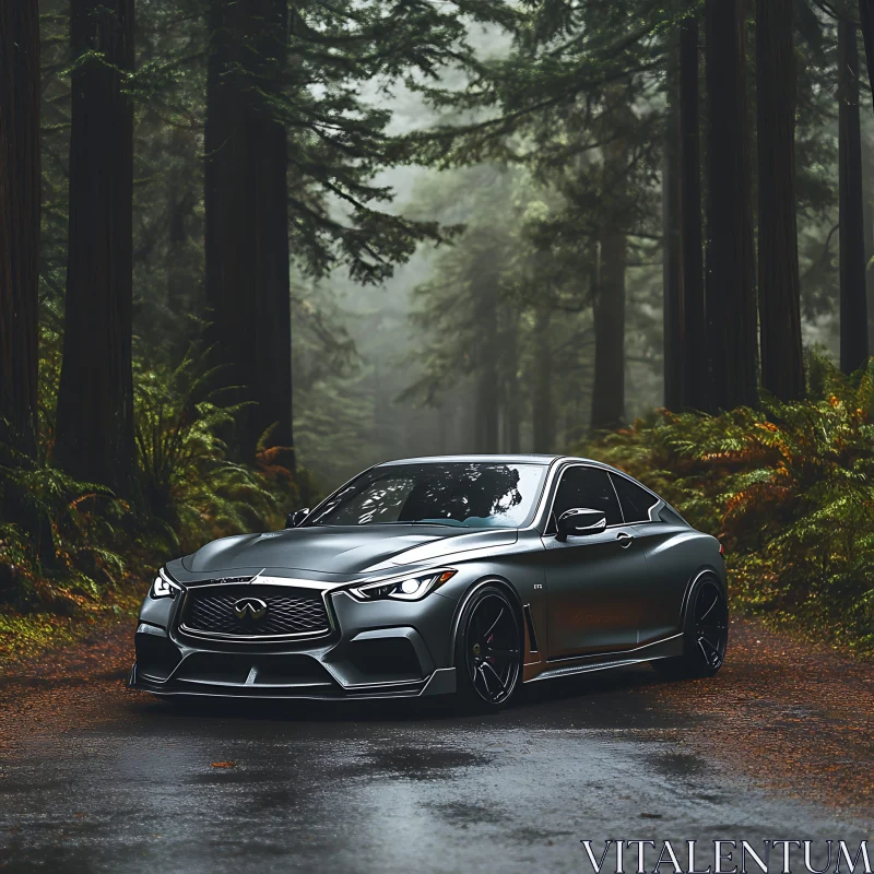 Elegance in Nature: Luxury Car on Forest Road AI Image