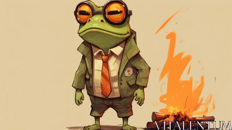 Frog with Glasses by Fire: Dieselpunk Digital Art AI Image