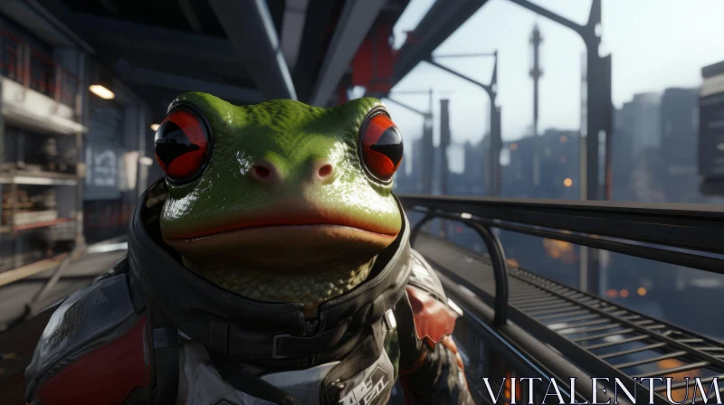 Steelpunk Green Frog in Futuristic City Adventure AI Image