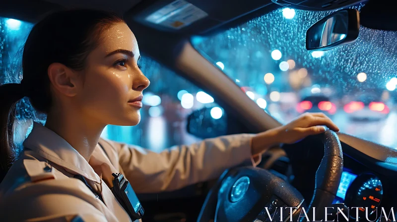 Woman Driving Car at Night in Rainy Weather AI Image