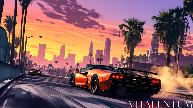 Sunset City Race with Supercar and Palm Trees AI Image