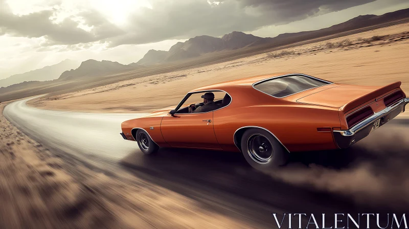 Vintage Orange Car Racing Through Desert Scenery AI Image