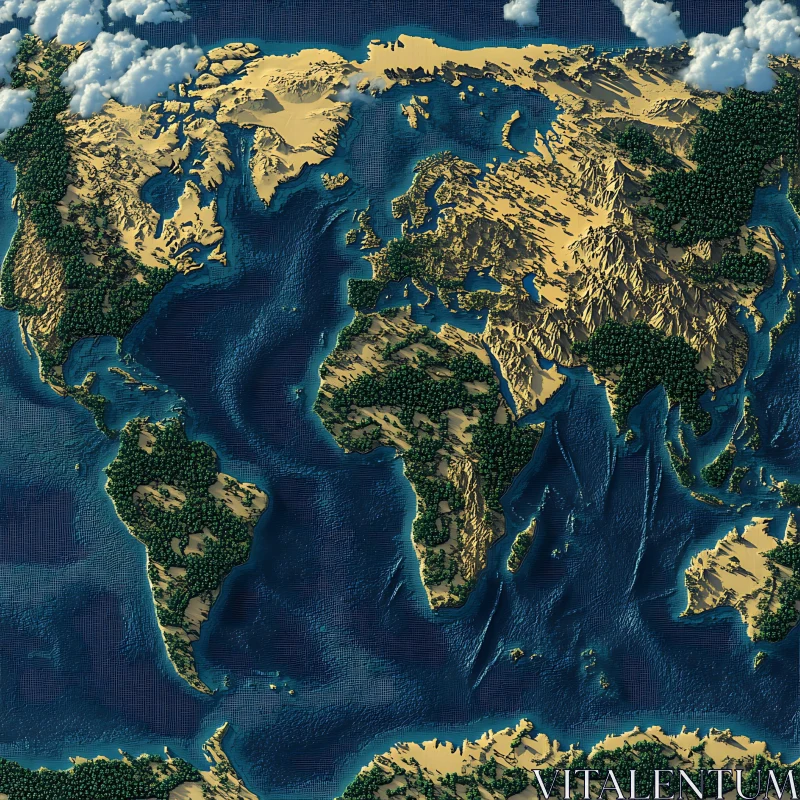 Relief Shaded World Map with Continental and Oceanic Features AI Image