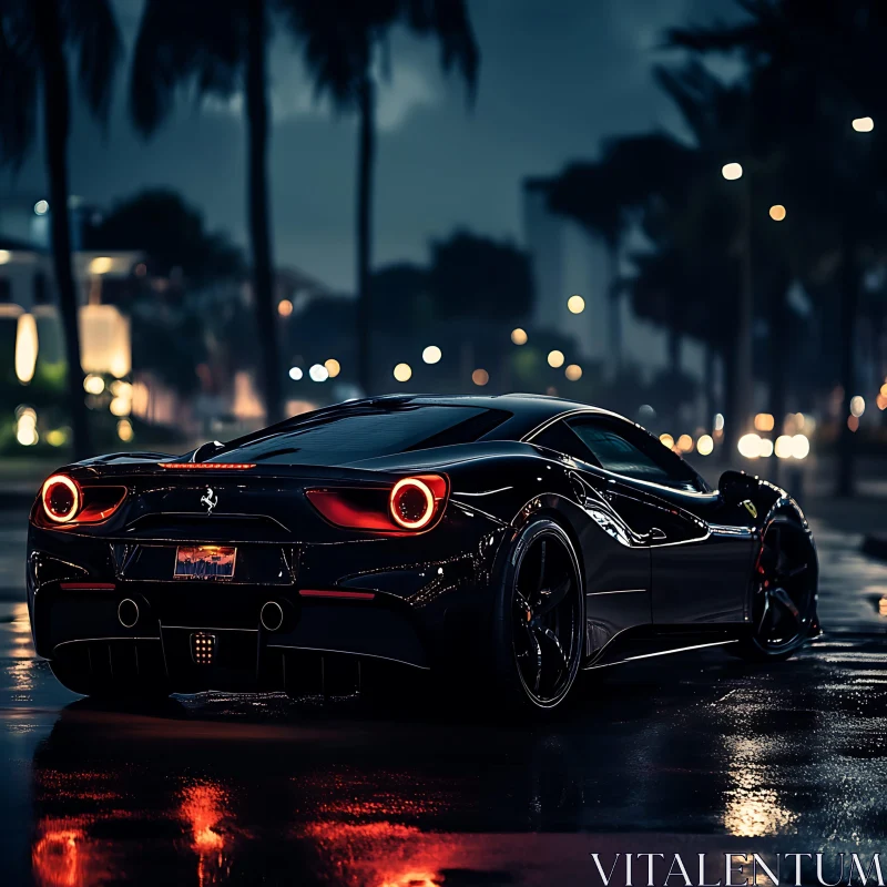 City Night with Sleek Black Sports Car AI Image