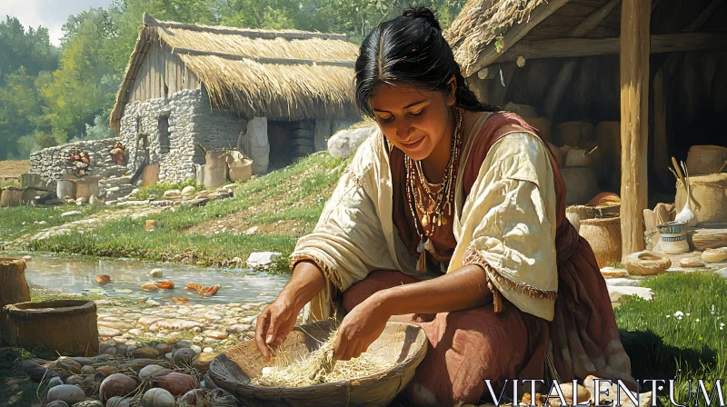 Traditional Medieval Rural Scene with Woman and Cottage AI Image