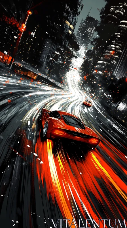 Futuristic Urban Night Racing Scene with Red Sports Car AI Image