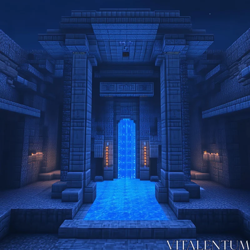 Ancient Blue-lit Waterfall Temple AI Image